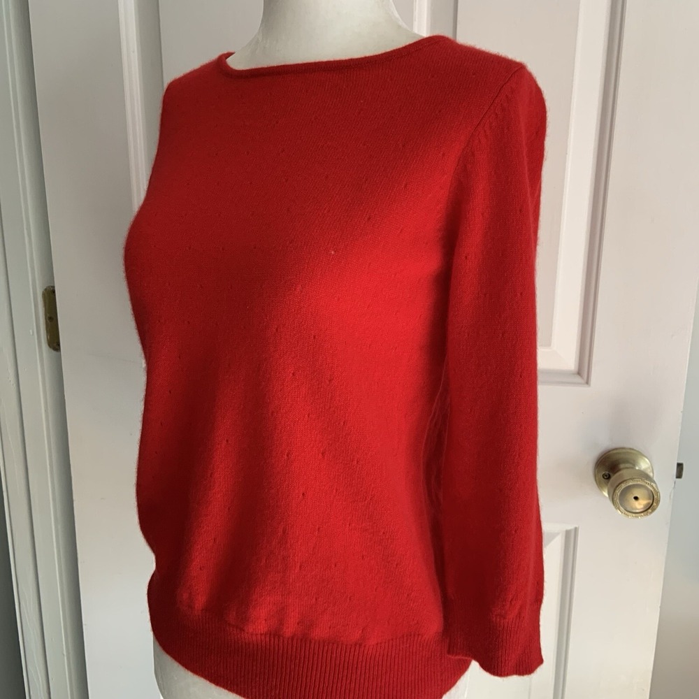 NEW Liz Claiborne Red Cashmere Sweater 3/4 sleeve perforated knit petite sz SP